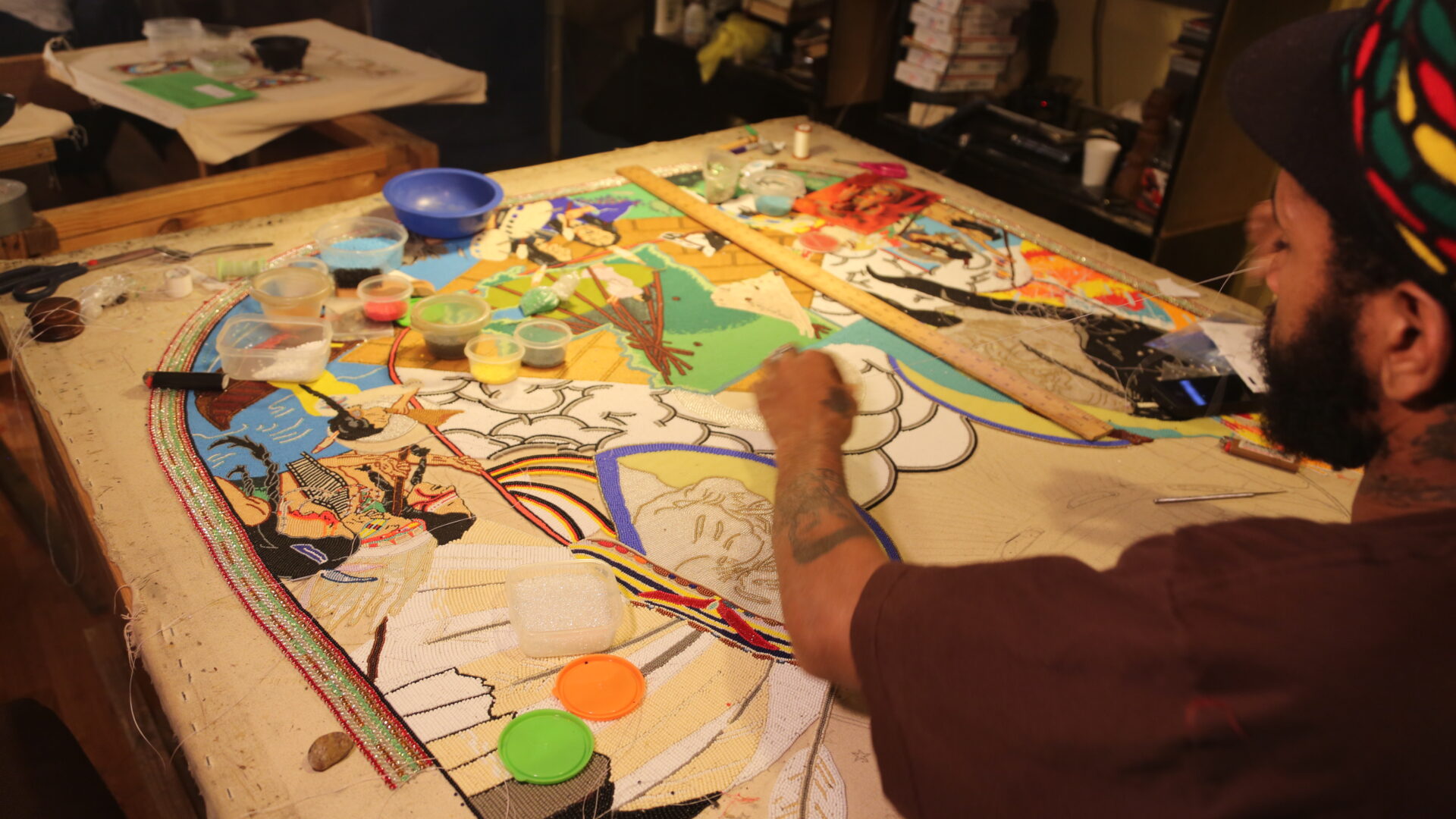 001_Sewing “Red Cloud and Sitting Bull”. 2012. Courtesy of the artist